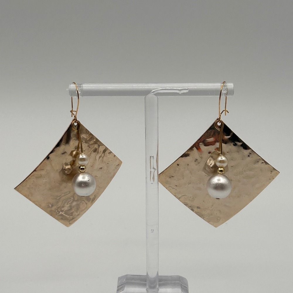 Hammered Gold Tone Square Drop Earrings with Faux Pearl Accents Statement Dangle